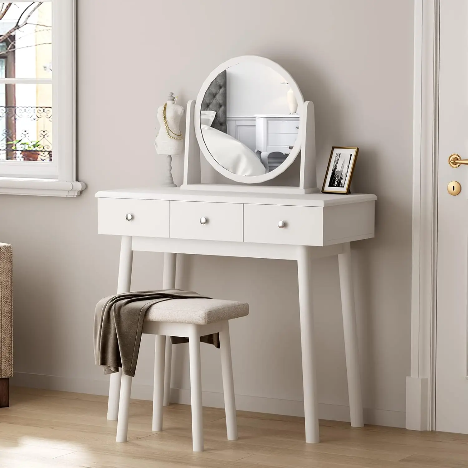 

Vanity Table Sets with Moveable Mirror and Padded Stool, Makeup Desk with 3-Drawers, Classic White Dressing Table Vani