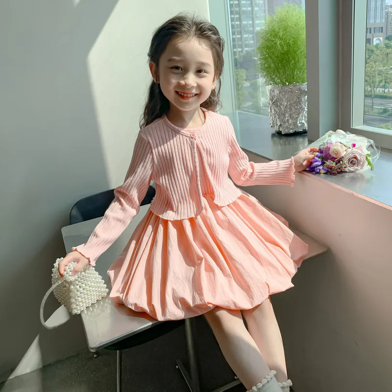 

Korean Spring 2024 Children Girl 2PCS Clothes Set Cotton Spliced Sundress Solid Ribbed Coat Toddler Girl Outfits Baby Girl Suits