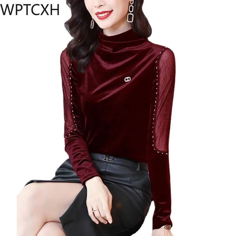 

Women's T-shirt 2024 New Temperament Undershirt Semi-high Neck Long Sleeve Nail Bead Tops Sexy Gauze Splice Office Lady Tees