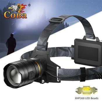 COBA 강력한 XHP360 36 코어 헤드램프 손전등, 18650 충전식 줌 헤드 손전등, 고출력 헤드 램프, 낚시 헤드라이트