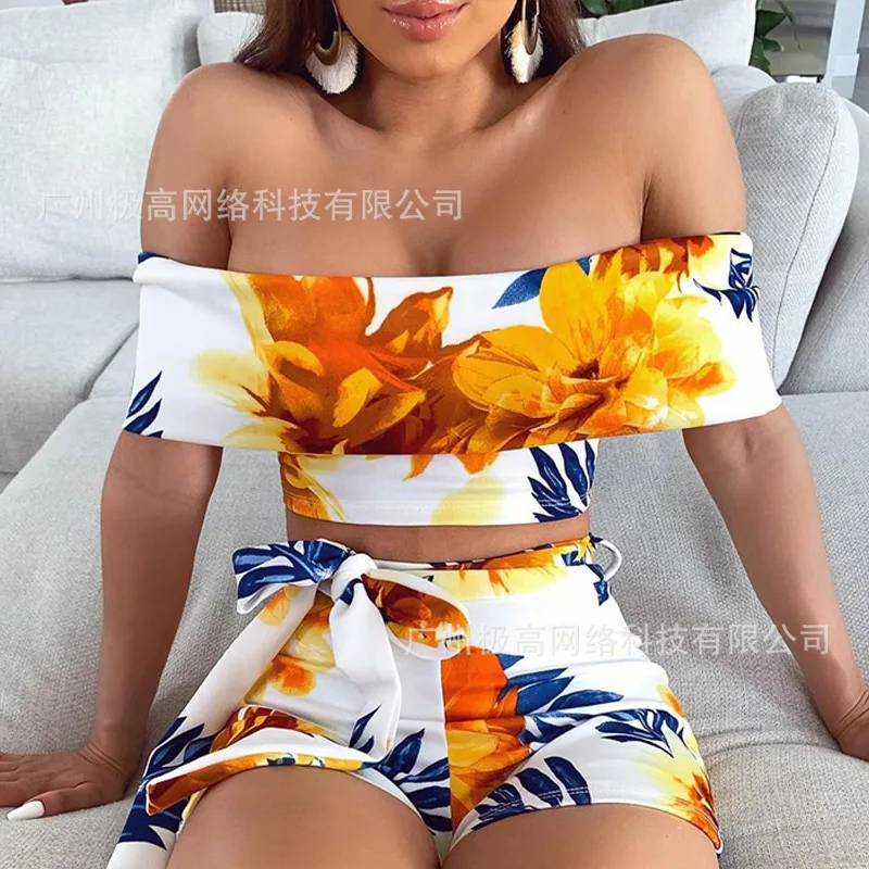 Women's Vacation Set 2024 Latest European and American Fashion Flower Sexy Tight Set One Shoulder Top Shorts Two Piece Set