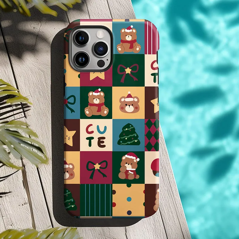 Retro Christmas Pattern Shockproof Bumper Phone Case with 2-in-1 Film Shell