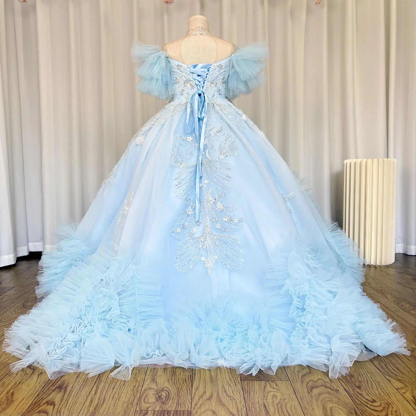 Jill Wish J220 Luxury Arab Sky Blue Girl Dress Beaded Dubai Kids