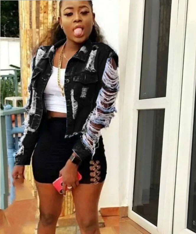 2023 Vintage Short Jean Coat Sexy Ripped Denim Jacket Women Plus Size Fall Winter Casual Female Outwear Fashion Streetwear indie