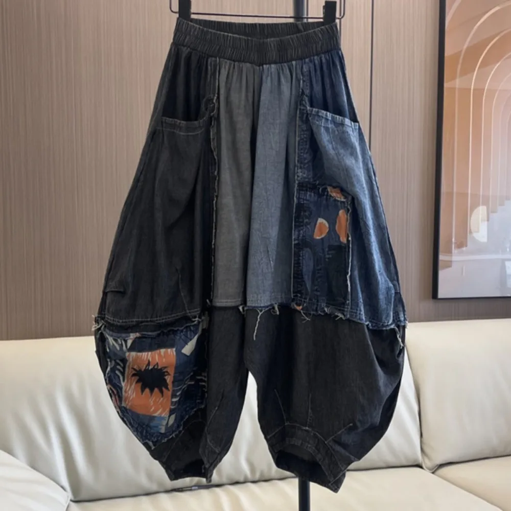 여성용 맞춤형 가랑이 바지, 신축성 허리, 루즈핏, 오버사이즈 얇은 데님 청바지..