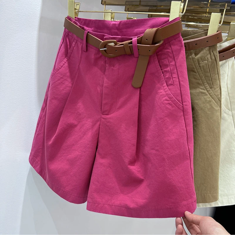 Women's Denim Shorts High Waist Short With Belt Blue Red Khaki Casual Cotton Solid Loose Casual Bermuda Summer Shorts For Women