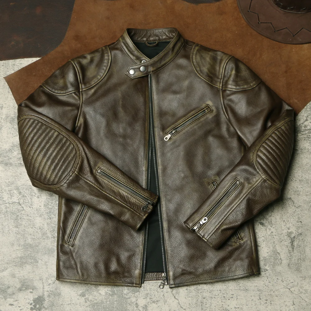 

Second Generation Venomous Motorcycle Leather Jacket with Tea Core Cowhide Jacket, Retro Brushed Color