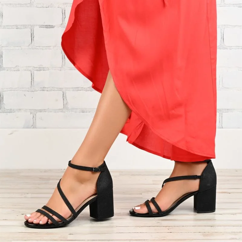 

New Women's Sandals Fashion Black Sequins Sexy High Heels Casual Buckle Fish Mouth Chunky Heel Beach Shoes Zapato Tacon Mujer