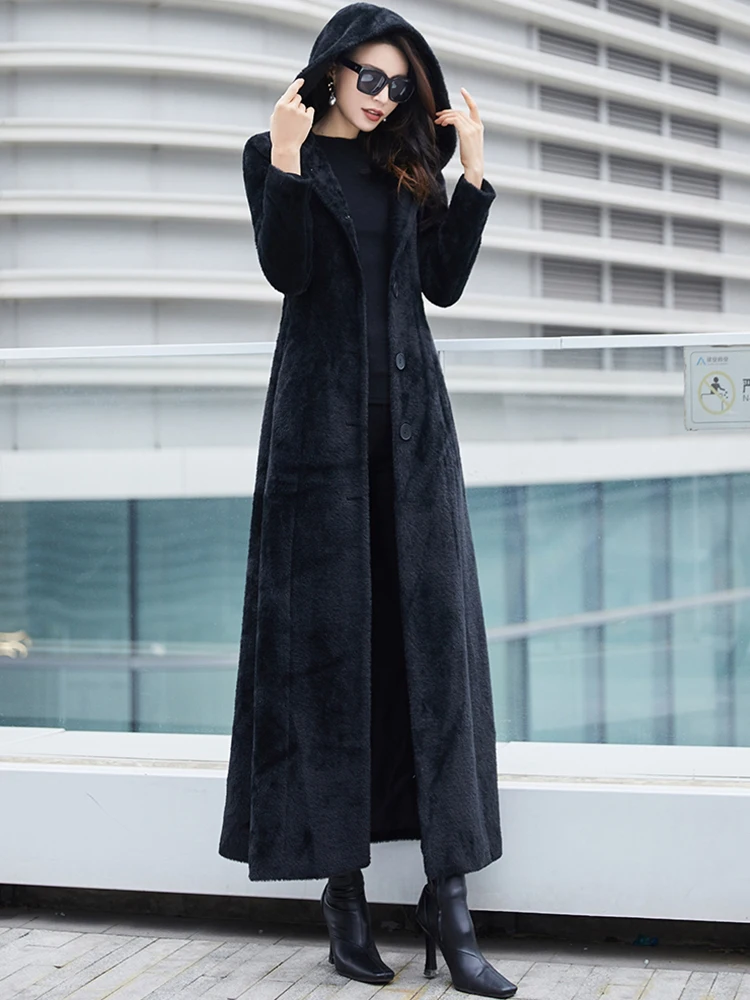 Lautaro Winter Extra Long Black Soft Warm Faux Fur Coat Women with Hood Long  Sleeve Slim Fit Maxi Fluffy Korean Fashion 2023 - AliExpress