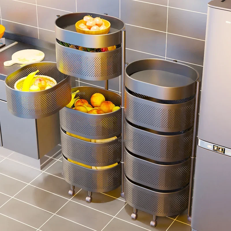Kitchen Rotating Storage Cart Floor-standing Multi-layer Vegetable Basket Kitchen Trolley Round Fruit Vegetable Storage Rack Z