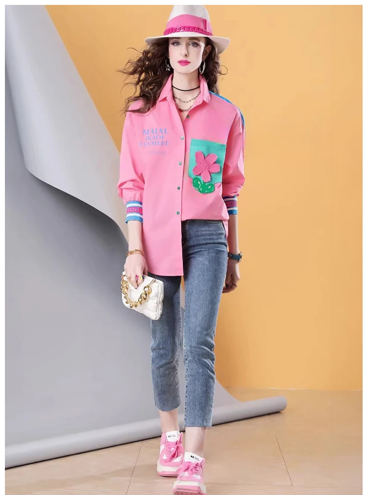 ربيع جديد جودة عالية 100% القطن المرأة طويلة الأكمام قميص فضفاض خياطة بلوزة غير رسمية للنساء