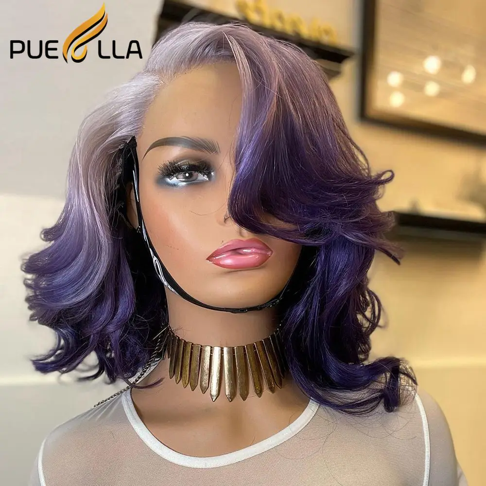 

Ombre Purple Loose Wave Short Lace Front Human Hair Bob Wig Preplucked 613 Color Pixie Cut Frontal Honey Blonde Wigs For Women