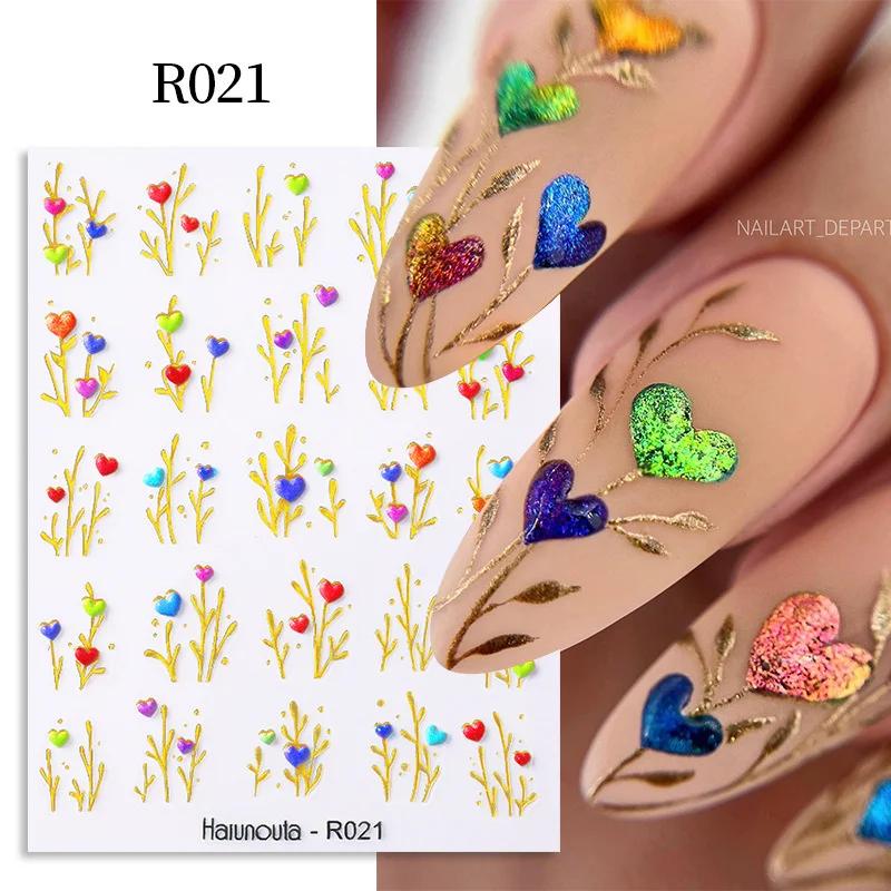 

Embossed Nail Sticker Holographic Blue Flowers Gold Line Self-Adhesive Sticker Decals Spring Floral Nail Wraps Manicures Decor