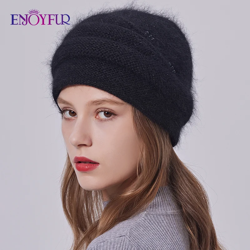 ENJOYFUR Women Winter Hats Warm Fluffy Angora Rabbit Fur Knit Hat Female Fashion Thick Double Layer Casual Bonnet Skull Cap 3