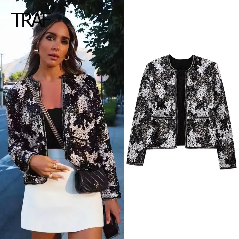 

TRAF Sequins Knitted Cardigan Women's Sweater Autumn Winter O-O-Neck Long Sleeve Top New In Cardigan Elegant Female Coats Trend