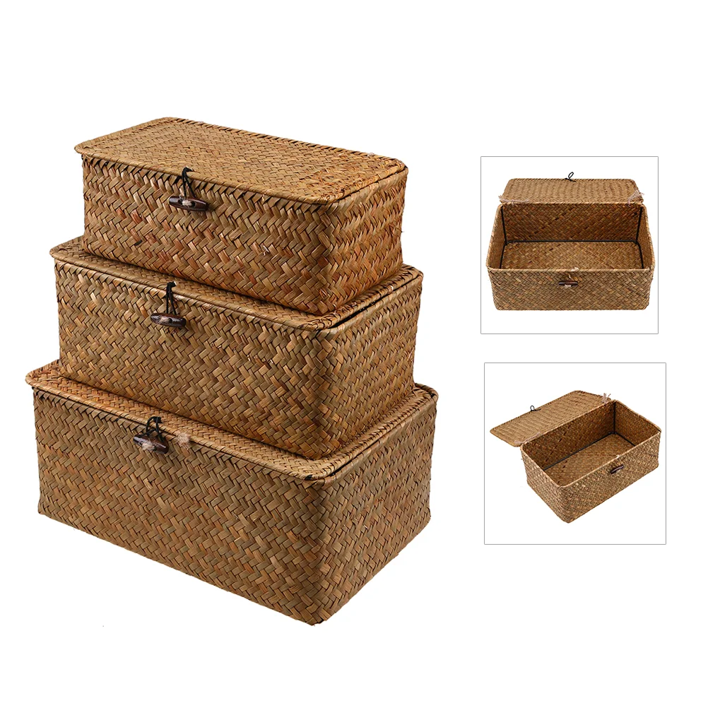 

Seaweed Woven Basket Lids Seagrass Storage Bin Rectangular Organizer Basket Multi-Purpose Storage Container Holder Desktop