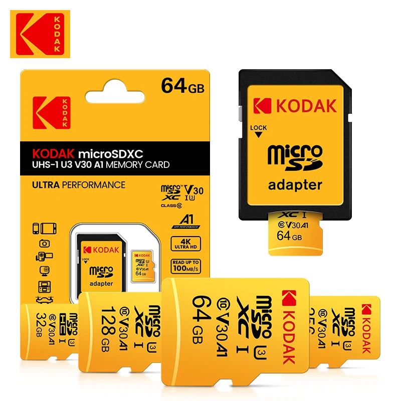 기존 KODAK 메모리 카드 64GB 128GB 256GB U3 4K 마이크로 SD 카드 32GB SDHC UHS-I C10 A1 V30 TF 트랜스 플래시 Microsd