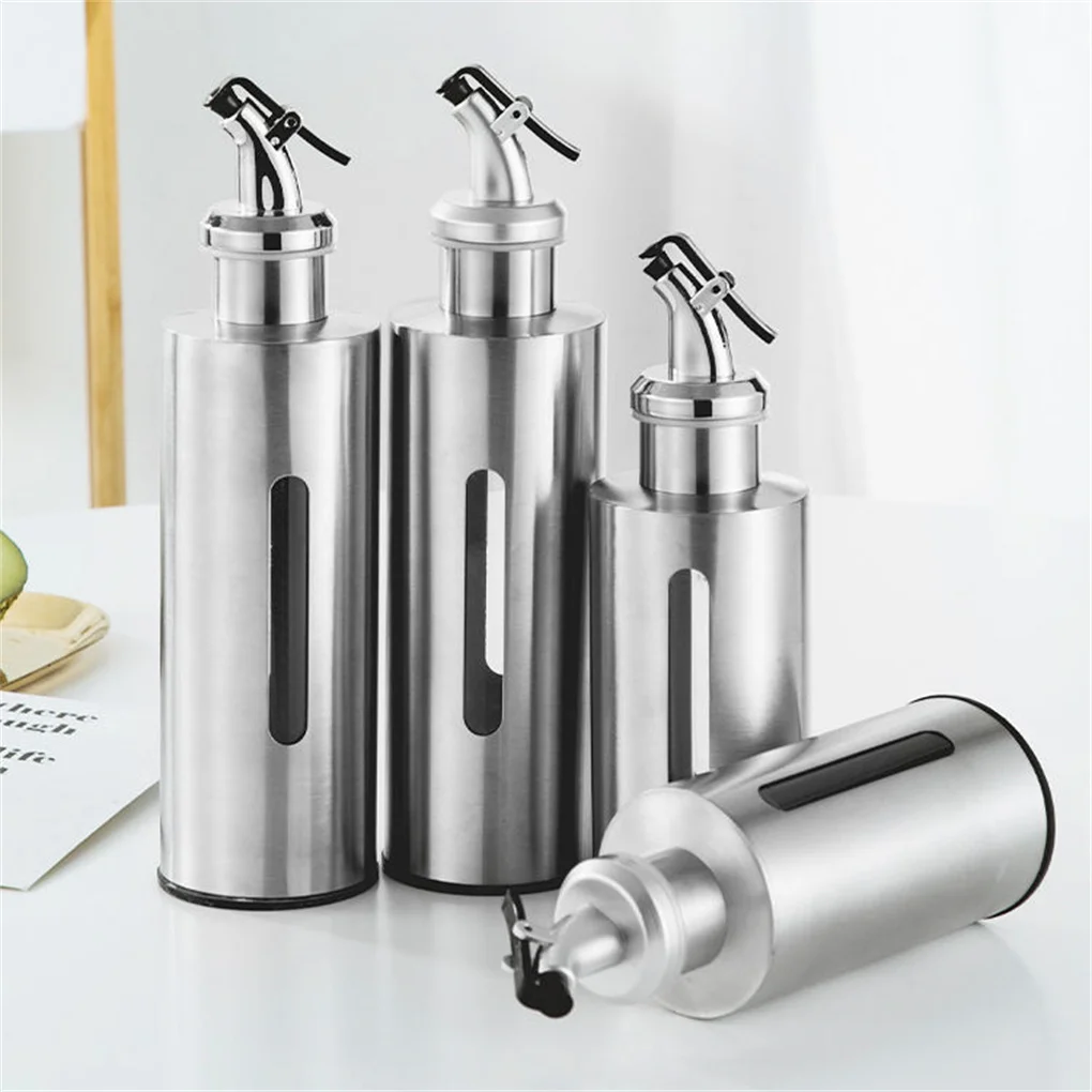 Oil Container Sauce Squeeze Bottles 190ml/290ml Stainless Oil Bottle Sauce Holder Dispenser Glass Visual Window Container Jar for Seasoning Roasting Tools