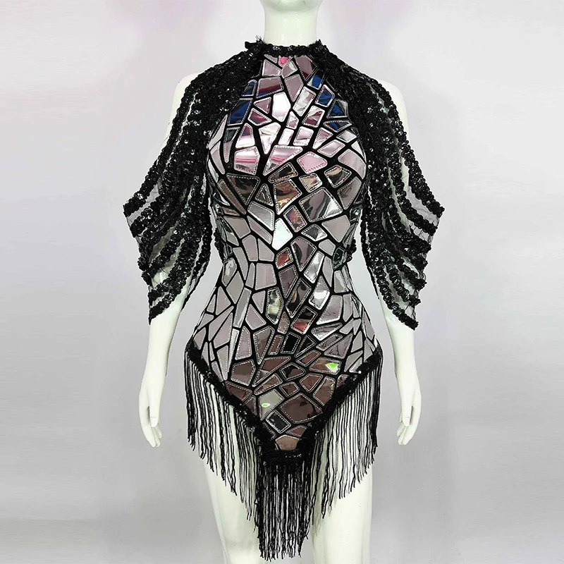 

Sexy Backless Mirror Sequins Dress Singer Silver Tassel Evening Dresses Festival Carnival Clothing Drag Queen Costume VDB6373
