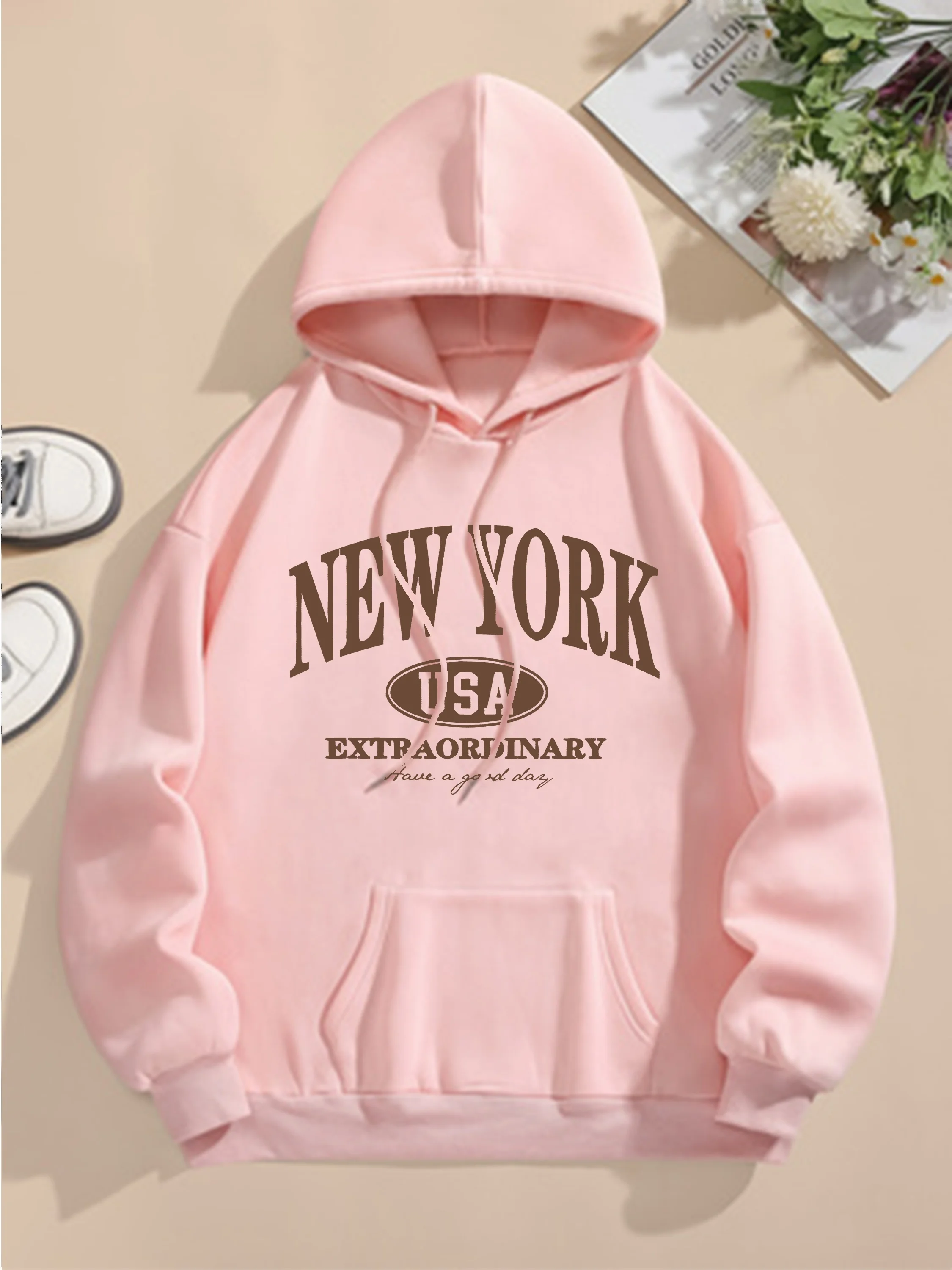 Letter Print Hoodie, Drawstring Long Sleeve Casual Hooded Sweatshirt For Winter & Fall, Women's Clothing 5