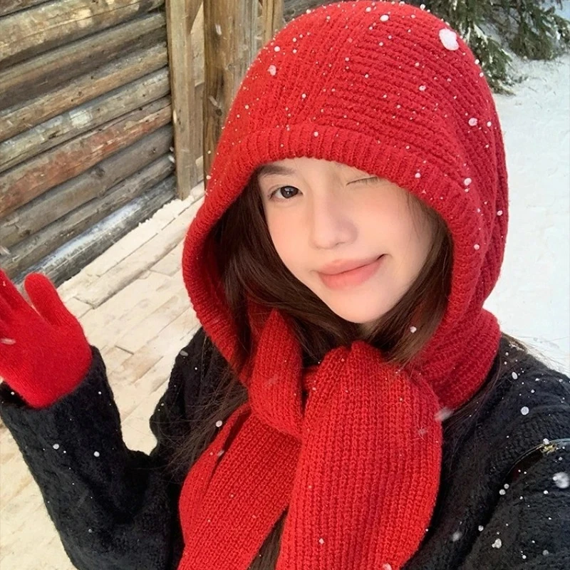 Korean Balaclava Bonnet Women Skullies Beanies Hat Scarf One-piece Thickened Warm Neck Protection Winter Accessories Knitted Law