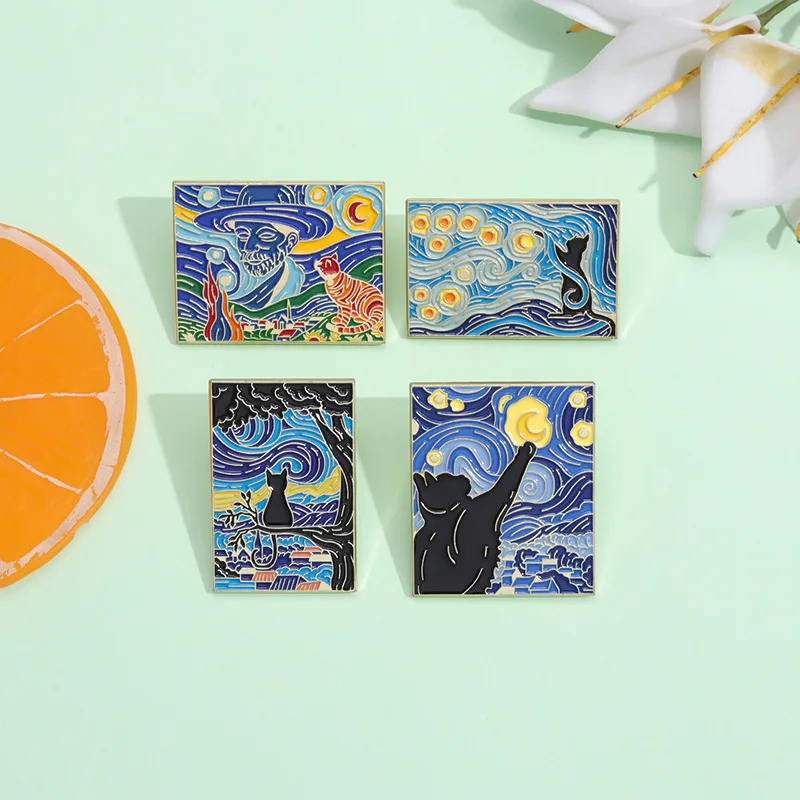 Enamel Pins 3-5pcs/set Van Gogh Oil Painting Series The Scream Starry Sky Sunflowers Art Brooches Lapel Badge Jewelry Gifts