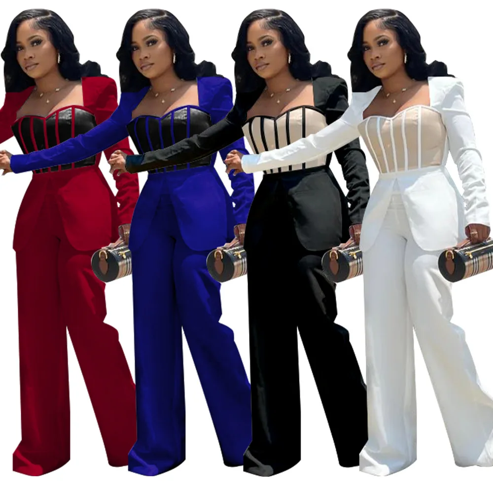 Elegant Color Patchwork Jumpsuit Autumn Long Sleeve Tight Waist Wide Leg Pants One Piece Office Lady Party Club Romper Playsuits