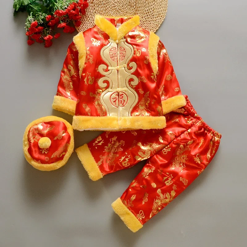 Tang oblek Čínské starobylý kostým pro novorozence děťátko kluky dívčí výšivka zima červená nový rok narozeniny dar vánoce boty
