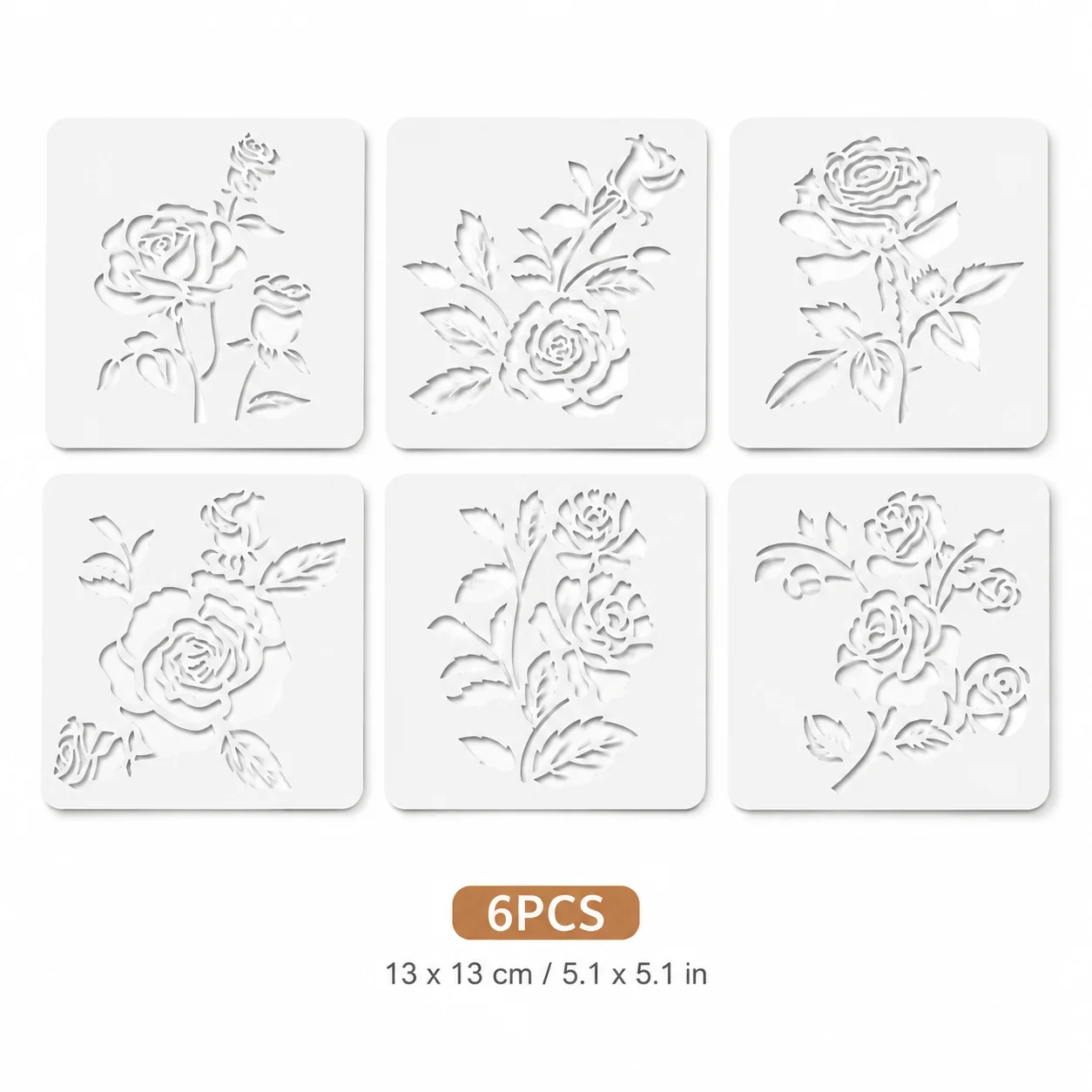 6PCS 5.1 x 5.1인치 장미꽃 스텐실 DIY 벽 목재 캔버스 패브릭 장 재사용 가능한 꽃무늬 템플릿