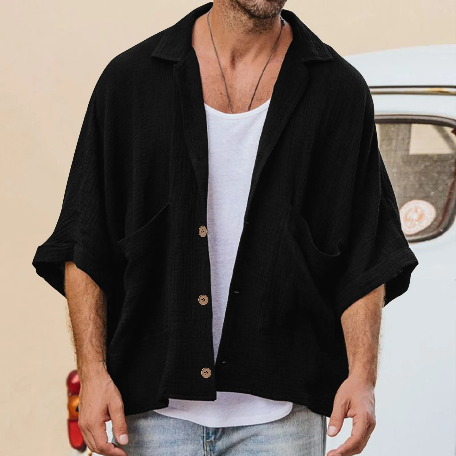 

Men Shirts Spring Summer Cotton Linen Turn Down Collar Solid Shirts With Pockets Long Sleeve Workout Beach Style Hawaiian Shirts