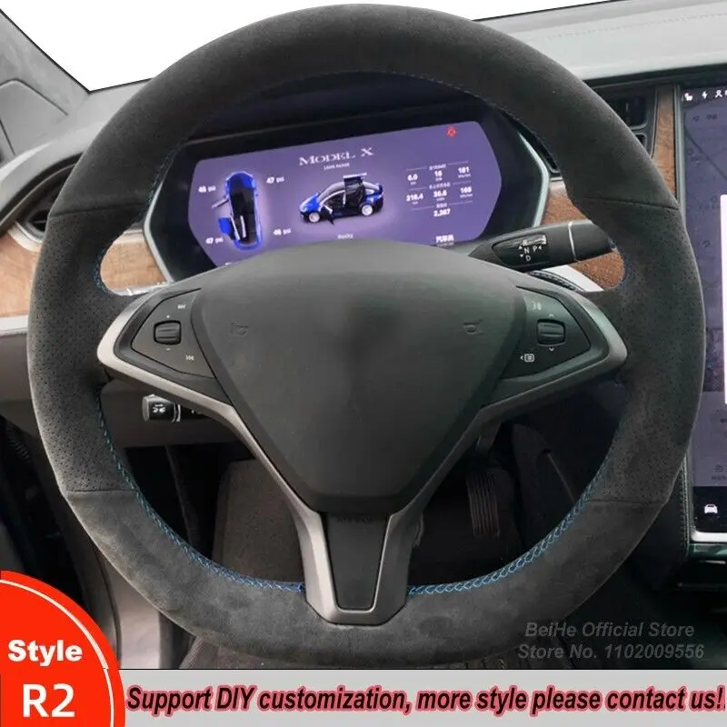 

Hand Sewing Black Suede Car Steering Wheel Cover For Tesla Model S / Model X