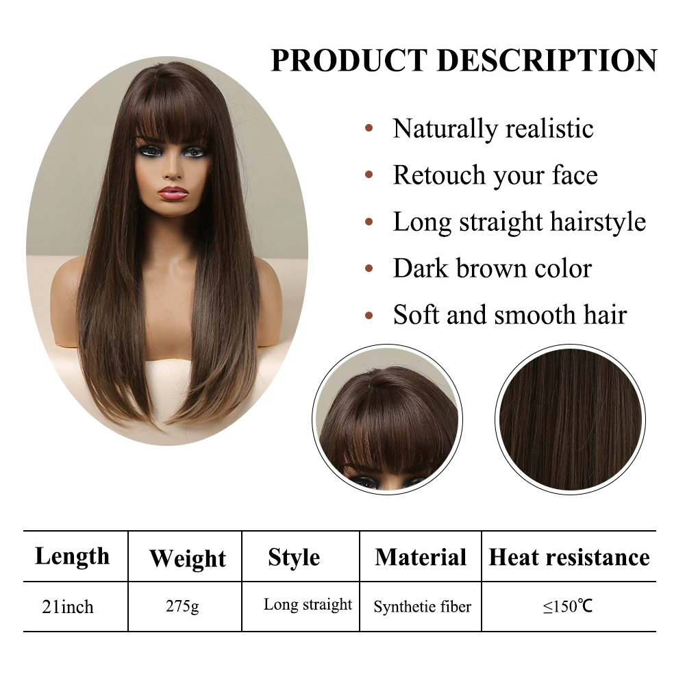 EASIHAIR Brown Straight Synthetic Wigs with Bangs Natural Layered Hair Wigs for Women Daily Cosplay Party Heat Resistant Fibers