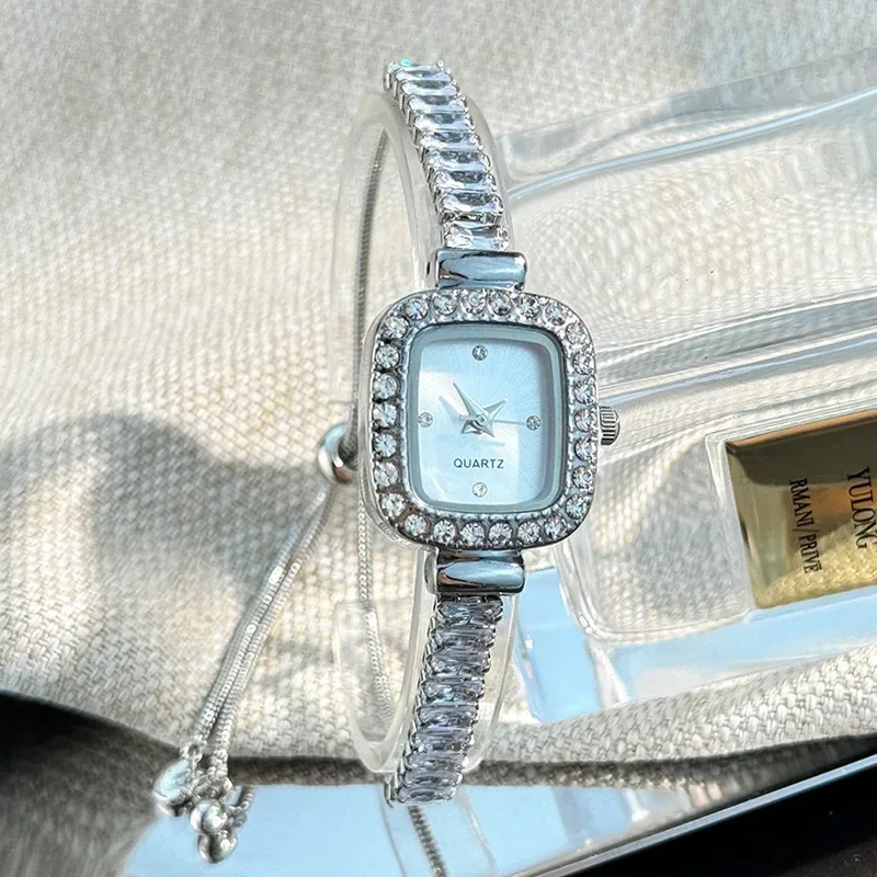 women's inlaid zircon flexible pull out bracelet with diamond square alloy case rhinestone scale simple dial quartz watch