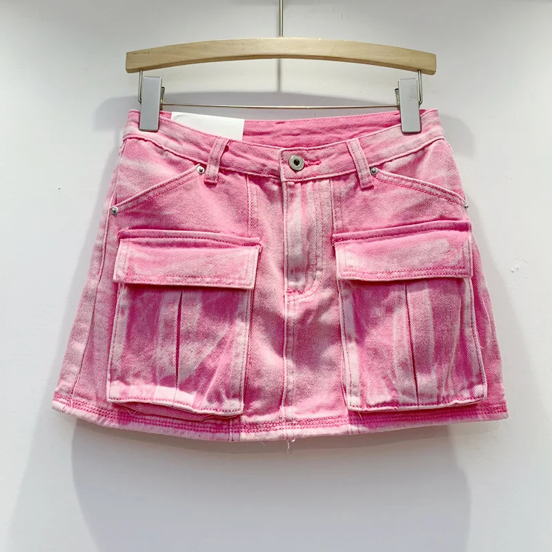 Personalized Pocket Workwear Denim Skirt For Women In Spring, New Pink High Waisted, Niche, Versatile, Hip Wrapped Short Skirt