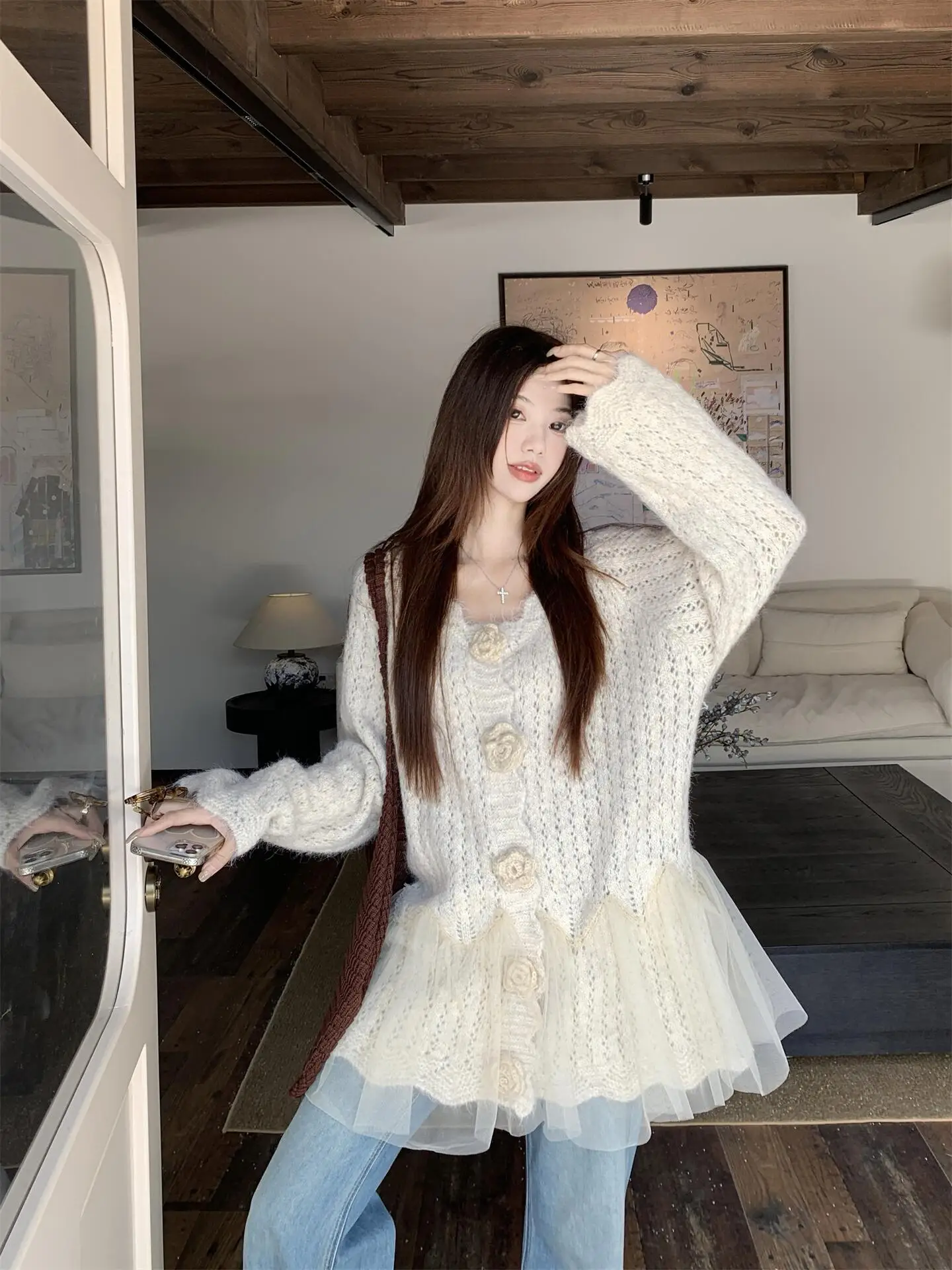 3D Floral Mesh Splicing Knitted Sweater Coat Women's Spring New Mid-Length Casual Top V-neck Long Sleeve Button Closure