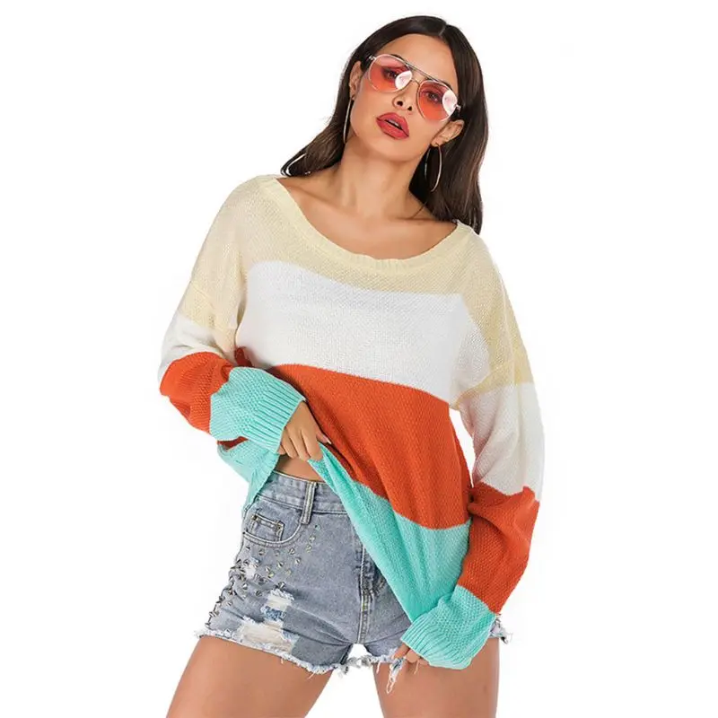 Women Long Sleeve Knit Sweater Striped Pullover Jumper Tops