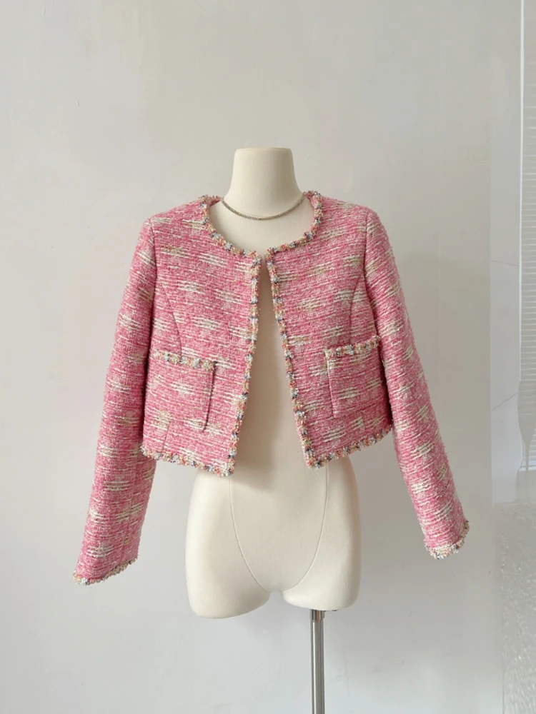 

Autumn Winter Pink Tweed Jacket Coat Women Vintage Woolen Short Coats Korean Fashion Streetwear 2023 Elegant Casual Outwear Top
