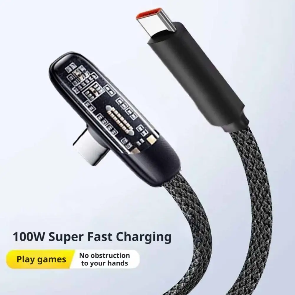 100W 90도 타입-C 충전 케이블, 6A 고속 충전 투명 칩 내장 브레이드 코드, 직각 게이밍 케이블