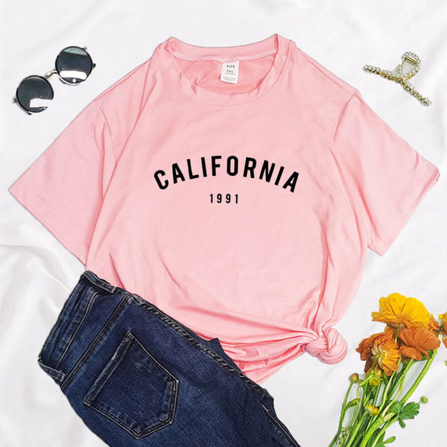 California USA Retro Letter Women T Shirt 2022 Summer Round Neck Y2K Funny Polyester Cartoon T-shirt Graphic Streetwear