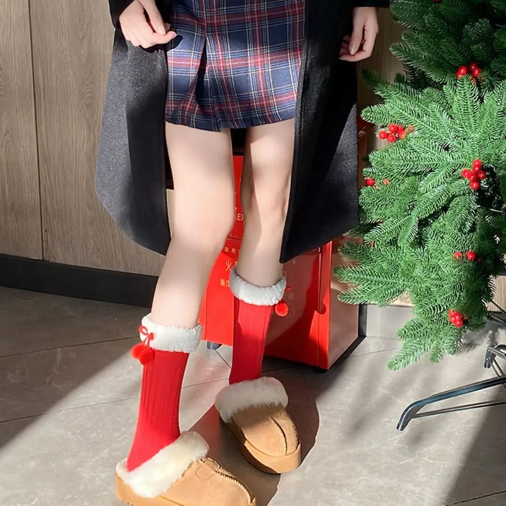 Casual Female Hosiery New Year Red Socks Cotton Thicken Children Red Socks Bow Floor Socks Middle Tube Socks For Girl