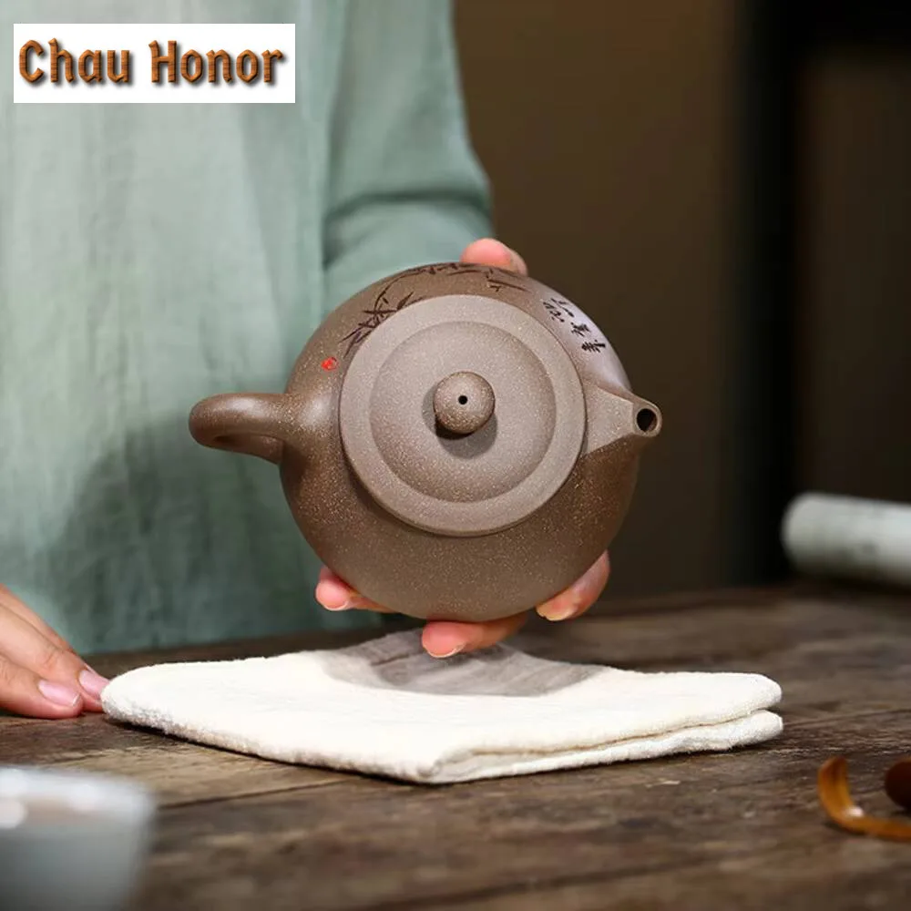 220ml Yixing Purple Clay Teapot Master Handmade Carve Bamboo Tea Pot Raw Ore Graphite Section Mud Kettle Chinese Zisha Tea Set