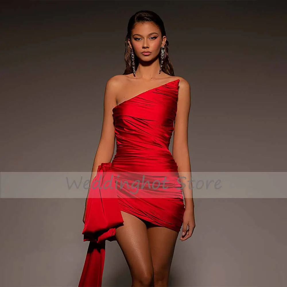 Cocktail Dress Sexy Cocktail Dresses Red Asymmetrical Big Bow Satin Women's Cocktail Gowns Pleated Backless Sheath/Column Party Dress Mini