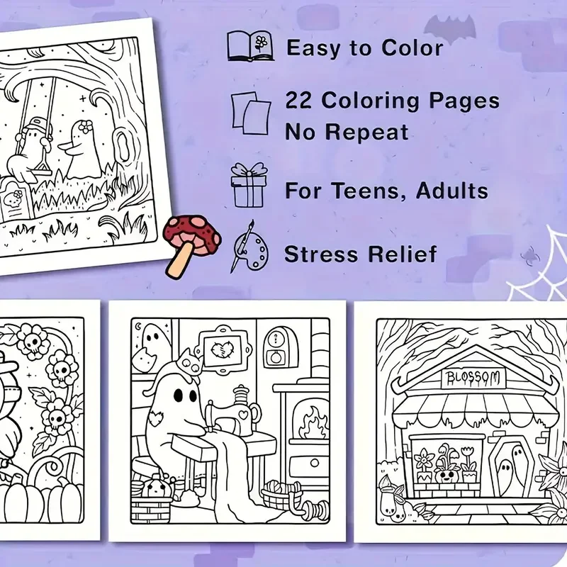 [Spooky Cutie Coloring Book] 1pc Cozy Hygge Spooky Cutie Adult Coloring Book - Relaxation with Adorable Creepy Creatures, Paper 4