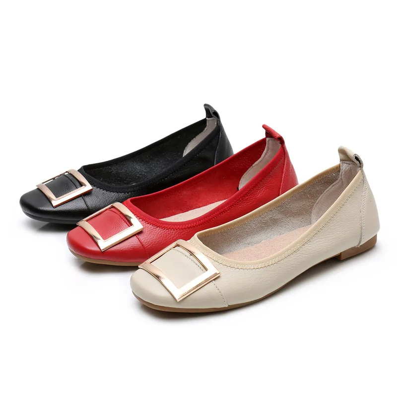 Top Layer Cow Genuine Leather Shoes Elegant Lady Shallow Mouth Soft Sole Single Shoes  Relax Lazy Casual Driving Shoes