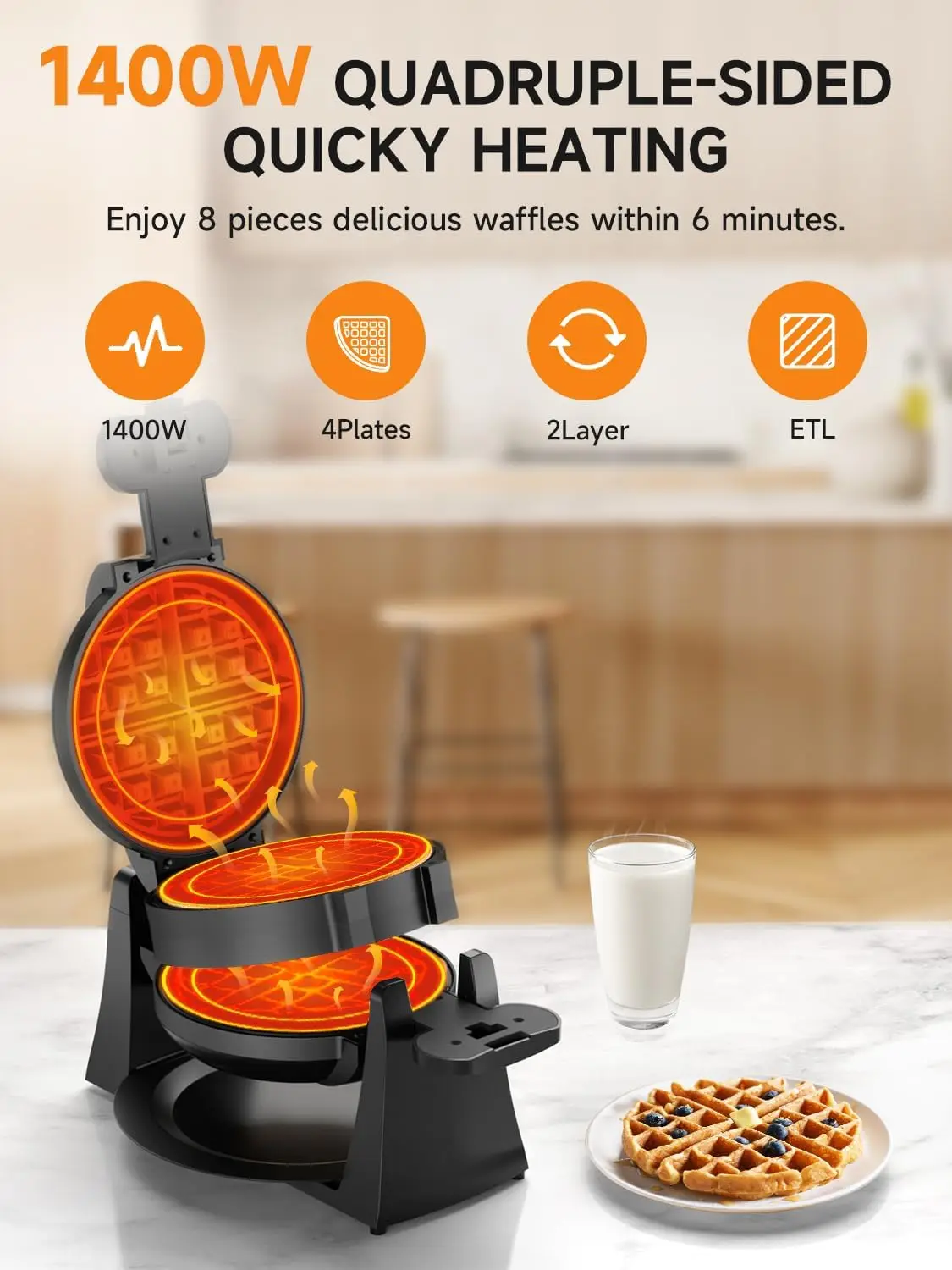Maker, 1400W Double Belgian Waffle Iron 180° Flip, 8 Slices, Rotating & Nonstick Plates, Removable Drip Tray for Easy Cle 3