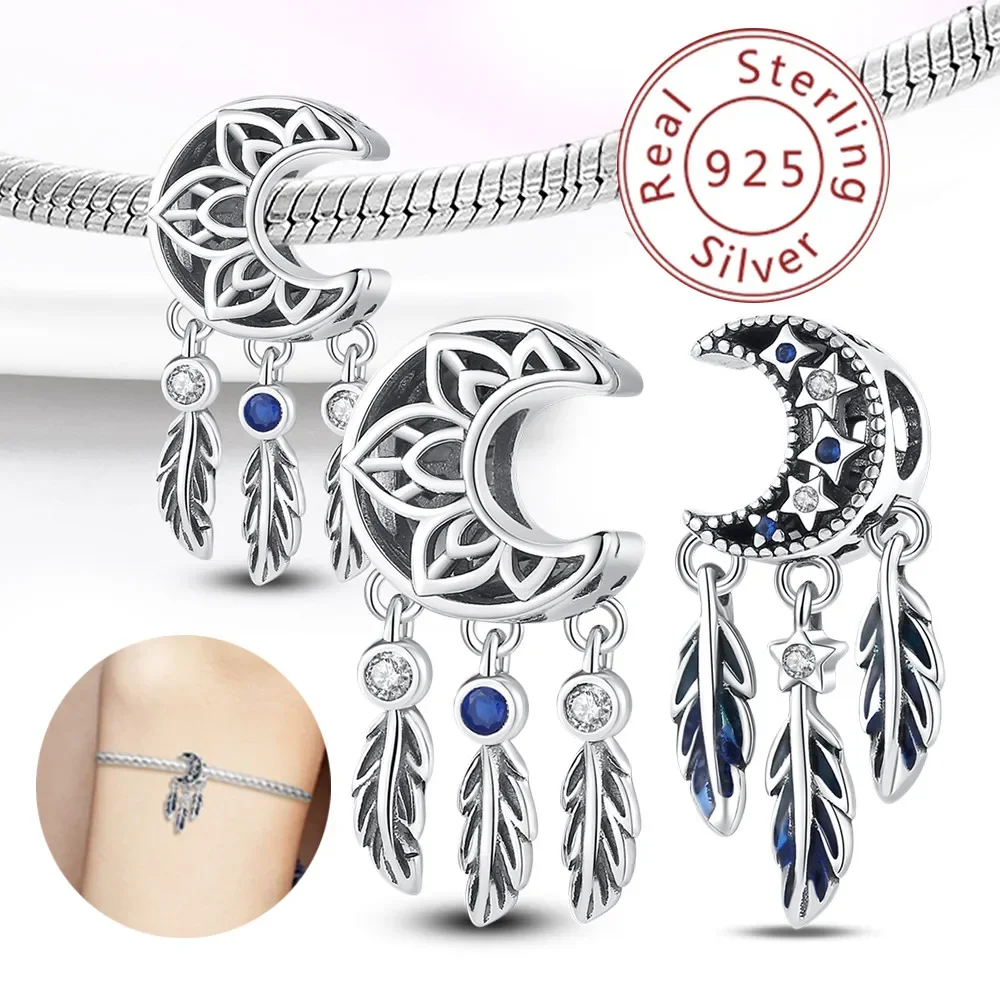 Moon Feather Dreamcatcher 925 Sterling Silver Charms Beads Fit Original Pandora Bracelet DIY for Women Jewelry Gift