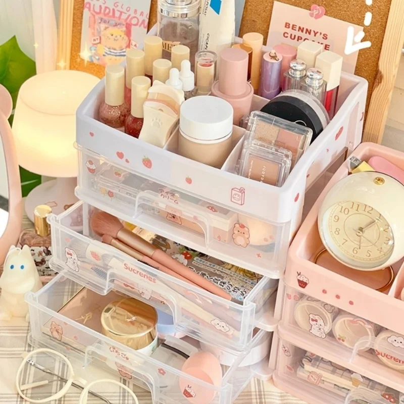 Drawer Storage Box Ins Transparent Drawer Storage Box Pink Cosmetic Finishing Makeup Box Dormitory Kawaii Shelf Cute Girl Heart Desktop Organizer