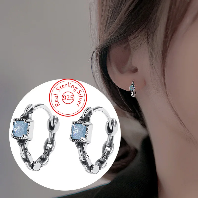 Genuine 925 Sterling Silver New Fashion Jewelry Square Crystal Hoop Earrings For Women XY0190