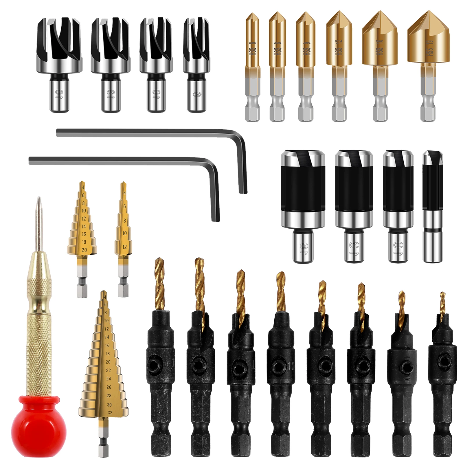 

28Pcs Woodworking Chamfer Drilling Tool Kit with 8pcs Wood Plug Cutter Drill Bit 3pcs Step Drill Bit 1pc Center Punch 6pcs 5