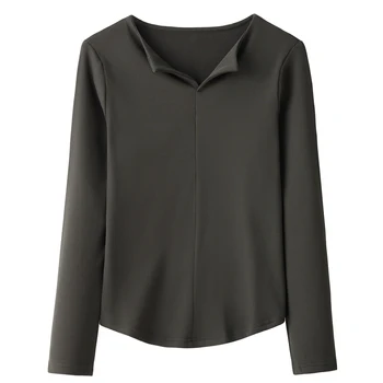 جديد تنوعا سميكة الدافئة القمم الخريف الشتاء عادية سليم تي شيرت المرأة موضة بدوره إلى أسفل طوق بلون كم طويل تي شيرت 5